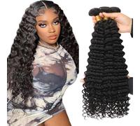 Zeslaerr 14 16 18 Inch Human Hair Bundles Deep Wave Extension 1B Natural Black Color Brazilian Virgin Hair Extension Minimal Shedding Unprocessed Peluca