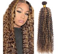 Zeslaerr Extensiones de cabello humano de pelo natural ondulado rizado, mechas rubias resaltadas, sin procesar, virgen, con olor mínimo y bajo enredo, 1 paquete, 40,6 cm