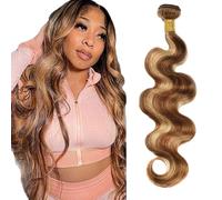 Zeslaerr Extensiones de cabello humano humano ondulado, paquetes de cabello humano P4/27, resaltado, rubio, sin procesar, pelo humano virgen, mínimo, disperso, 1 paquete de 14 pulgadas