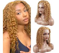 Zeslaerr Human Hair Wig 5x5 Glueless Lace Frontal Kinky Curly peluca Unprocessed Brazilian Virgin Hair Pre Plucked Baby Hair #27 Honey Brown Minimal Tangle For Women 14 Inch