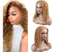 Zeslaerr Human Hair Wig 5x5 Glueless Lace Frontal Kinky Curly peluca Unprocessed Brazilian Virgin Hair Pre Plucked Baby Hair #27 Honey Brown Minimal Tangle For Women 20 Inch