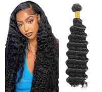 Zeslaerr Unprocessed Deep Wave Cabello Humano Extensions Double Weft 1B Natural Black Human Hair Bundle Soft and Silky Remy Hair Extension Minimal Tangle For Women 16 Inch