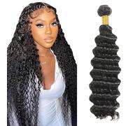 Zeslaerr Unprocessed Deep Wave Cabello Humano Extensions Double Weft 1B Natural Black Human Hair Bundle Soft and Silky Remy Hair Extension Minimal Tangle For Women 12 Inch