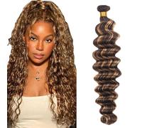 Zeslaerr Unprocessed Deep Wave Cabello Humano Extensions Double Weft P427 Highlight Brown Human Hair Bundles Soft and Silky Remy Hair Extension Minimal Tangle For Women 24 Inch