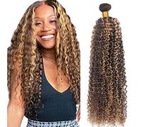 Zeslaerr Unprocessed Kinky Curly Cabello Humano Extensions Double Weft P427 Highlight Brown Human Hair Bundles Soft and Silky Remy Hair Extension Minimal Tangle For Women 24 Inch