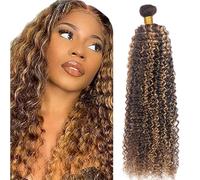 Zeslaerr Unprocessed Kinky Curly Cabello Humano Extensions Double Weft P427 Highlight Brown Human Hair Bundles Soft and Silky Remy Hair Extension Minimal Tangle For Women 30 Inch