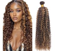 Zeslaerr Unprocessed Kinky Curly Cabello Humano Extensions Double Weft P427 Highlight Brown Human Hair Bundles Soft and Silky Remy Hair Extension Minimal Tangle For Women 34 Inch