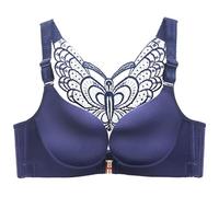 ZESLIV Mujer Sujetador Cierre Frontal 90B Azul Oscuro Bralette con Bordado de Mariposas Push up Sujetador de Gancho Delantero sin Aros Tallas Grandes