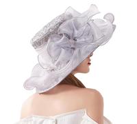 ZESLIV Mujeres de Sol Sombrero, Sombrero de Organza para Mujer, Cinta Floral de ala Ancha para Damas, Derby Iglesia Vestido Sombrero Bucket Boda Sombreros, Color Gris