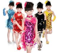 ZESLIV Niñas Lentejuelas Borla Latina Baile Vestido Niños Salsa Samba Rumba Tango Jazz Carnaval Apariencia Concurso Disfraz, Negro 120
