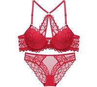 ZESLIV Sujetador para mujer con cierre frontal con panty set Push Up con aros para mujer, encaje, para sentirse bien, rojo, 85C (BH) + XL (Panty)