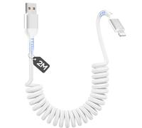 Zestiq Cable Lightning en Espiral 2M, Cable Retráctil Apple Carplay para Coche, Cable USB A a Lightning Corto para iPhone 14, 13, 12, 11 Pro Max, XR, XS, X, 8 Plus y SE - Blanco