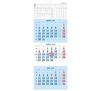 Zettler Calendario de 3 meses azul/rojo 2026 - Calendario de pared 30 × 78 cm, 12 hojas, 3 meses en 1 hoja, con deslizador de fecha, conteo semanal, fases lunares, fechas de vacaciones, vista anual