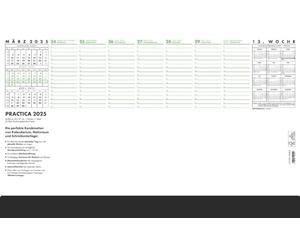 Zettler - Vade de escritorio Practica 2025, 59,5 x 37 cm, base con 52 hojas, hojas abiertas, conteo diario y semanal, barra de protección, base de cartón inferior encolada y calendario alemán