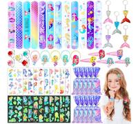 Zeuwets Cumpleaños Sirena Regalo de Fiesta Niña, 52 Piezas Sirena Party Favor Set, Sirena Llavero Pulseras Bofetada Tatuajes Temporales Anillo Horquilla Banda Cabello, Juego Obsequios Sirena