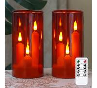 Zevanor 3 en 1 Velas a punta sin llama con Mando a distancia de 10 teclas y Temporizador Operadas por batería Paquete de 2 Velas LED de acrílico 7,5 cm x 15 cm Rojo Columna Luz cálida parpadeante