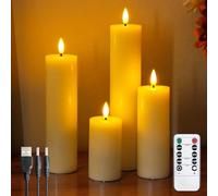 Zevanor Velas LED recargables de marfil sin llama con mando a distancia y temporizador, paquete de 4 velas de cera parpadeantes que funcionan (cable de carga USB, 5,5cm x10 15 20 25cm)