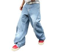 Zewool Jeans Baggy para Hombre con Costuras Irregulares - Pantalones de Denim de Pierna Ancha Y2K Hip Hop Moda Casual Ajuste Suelto Corte Recto Fit Relajado Skater Skateboard,D10 Azul Claro,S