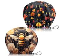 Zewurtuw 2 gorros de ducha ajustables, reutilizables, de doble capa impermeable, elásticos, para el cabello, bonitos gorros de baño estéticos para mujeres y niñas, diseño de abeja de gato