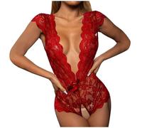 ZEZKT Lencería Sexy Mujer Elegante Ropa Interior Conjunto Sexy con Tanga Ropa Interior Pijama de Cuello V de Encaje Mini Babydoll Lingerie Hueco de Lencería Vendaje Mono Camisón