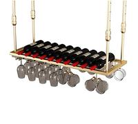 ZFGOJNBH Botellero Botelleros de Techo para Vino, Portabotellas de Vino de Metal, Soporte de Almacenamiento de Vino con exhibición Vintage Ajustable con Estante de Vidrio para Copas para Bar, Cocina,