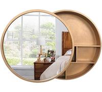 ZFGOJNBH Espejo de baño con Estante, Marco de Madera Maciza, Espejo Redondo montado en la Pared para tocador de baño y área de Inodoro, Color Madera, tamaño Grande