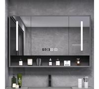 ZFGOJNBH Espejo de baño con iluminación antivaho y Pantalla de Hora, Armario de Almacenamiento montado en la Pared con estantes Abiertos, Espejo de Maquillaje Grande de Madera Maciza (Gris, 60")