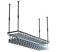ZFGOJNBH Estante Colgante para Barra de Techo, Estante Colgante para Vino con Soporte para Copas, Soporte Ajustable para Botellas de Vino, Estante de Hierro Negro para Vino, estantería de almacenamie