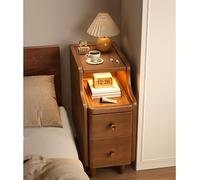 ZFGOJNBH Mesita de Noche Estrecha con 2 cajones y Estante Deslizante Abierto, mesita de Noche de Madera Maciza, Estilo Moderno de Mediados de Siglo, Mesa Auxiliar compacta para Dormitorio y Sala de e