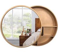 ZFGOJNBH Mueble de baño con Espejo Redondo de Madera Maciza con función de Empujar y Tirar, Armario de baño con Espejo de Almacenamiento montado en la Pared (Color Madera, 70 cm), Detalles Dorados (5