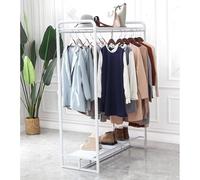 Zfmnoyev Perchero Metálico Independiente con Estantes, Expositor De Ropa Resistente para Tiendas, Estantería Doble De Gran Capacidad, Expositor De Ropa Comercial para Boutiques(Blanco,150x50x140 cm)