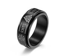 ZFSBRTL Anillo De Runas Nórdicas, Hombres, Mujeres, Valknut, Vegvisir, Símbolos Vikingos, Anillo De Bodas De Acero Inoxidable Giratorio, Regalo De Amuleto,Negro,7