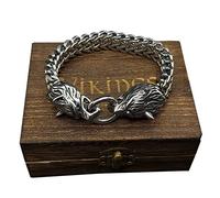 ZFSBRTL Mitología Nórdica Plata 3D Wolf Head Bracelet, Hombres Acero Inoxidable Vikingo Odin Wolf Fenrir Skull Bracelet Vintage Amulet Jewelry Gifts with Wooden Box,19cm