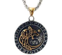 ZFSBRTL Viking Odin Wolf Fenrir Colgante Collar, Hombres Oro Plata Acero Inoxidable Mitología Nórdica Amuleto Vegvisir Rune Joyería Celta Regalo 60Cm Cadena,Oro