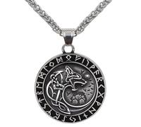 ZFSBRTL Viking Odin Wolf Fenrir Colgante Collar, Hombres Oro Plata Acero Inoxidable Mitología Nórdica Amuleto Vegvisir Rune Joyería Celta Regalo 60Cm Cadena,Plata