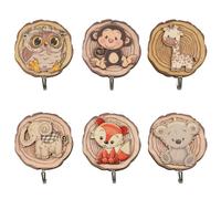 Zfseyuh 6 Piezas Percheros Pared Infantil Colgador de Pared de Madera para Niños Animales Gancho Adhesivo Pared Colgador de Llaves para Cocina Baño Salón