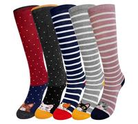 ZFSOCK Calcetines Altos Medias para Niñas: Medias Hasta la Rodilla de Algodón - Calcetines Largos Sin Costuras con Rayas Divertidos de Animales para Niñas, Talla 31-34 Gato 5 Pares