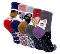 ZFSOCK Calcetines Antideslizantes Invierno Mujer: Termicos Cálidos Calcetines Polar Mullidos de Casa Dormir Divertidos Dibujos Animados Regalos para Navidad Gato 5 Pares 35-41