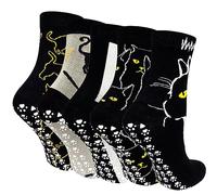 ZFSOCK Calcetines Antideslizantes Mujer Divertidos: Calcetine de Algodon con Agarre Estampado de Gatos Animal Coloridos Originales para Fitness Hospital 5 Pares Talla EU 35-42 Gato negro