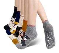 ZFSOCK Calcetines Antideslizantes Mujer Divertidos: Calcetine de Algodon con Agarre Estampado de Gatos Animal Coloridos Originales para Fitness Hospital 5 Pares Talla EU 35-42 Perro