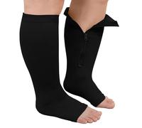 ZFSOCK Calcetines Compresion Mujer Hombre: Medias de Compresión Tallas Grandes Cremallera Pantorrilla Ancha Punta Abierta 20-30 mmHg para Obesas Embarazada Venas Varicosas Deportes Negro XXL