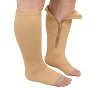 ZFSOCK Calcetines Compresion Mujer Hombre: Medias de Compresión Tallas Grandes Cremallera Pantorrilla Ancha Punta Abierta 20-30 mmHg para Obesas Embarazada Venas Varicosas Deportes Beige 5XL
