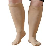 ZFSOCK Calcetines Compresion Mujer Hombre: Medias de Compresión Tallas Grandes Pantorrilla Ancha 20-30 mmHg para Obesas Embarazada Venas Varicosas Deportes Viajar Vuelo 5XL Beige 1 Par