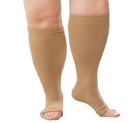 ZFSOCK Calcetines Compresion Mujer Hombre: Medias de Compresión Tallas Grandes Pantorrilla Ancha Punta Abierta 20-30 mmHg para Obesas Embarazada Venas Varicosas Deportes Vuelo XXL Beige 1 Par