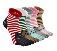 ZFSOCK Calcetines con Cinco dedos para Mujer Divertidos Novedad Colores Calcetines Dedos Separados Algodón con Lindo Animal Patrón Gato 36-41(Raya-5 Pares)