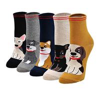 ZFSOCK Calcetines de Mujer Divertidos de Algodón, Patrón de Dibujos Animados Lindo Animal Perro Gato, 5 pares,35-42,Perro