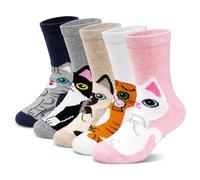 ZFSOCK Calcetines Niña Divertidos de Algodón: Calcetín Cortos con Estampado Gato Gatitos Gibujos Animados Rayas Fantasia 5 Pares 5-7 Años Cats Tallas 27-30