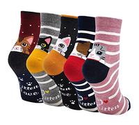 ZFSOCK Calcetines Niña Divertidos de Algodón: Calcetín Cortos con Estampado Gato Gatitos Gibujos Animados Rayas Fantasia 5 Pares 8-11 Años Tallas 31-34