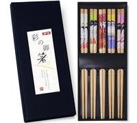 ZFYQ Juego de Palillos, 5 Pares Palillos de Bambú Macizo de Estilo Japonés con Caja de Regalo Artesanal Negra, Hogar Restaurante Palillos de Madera