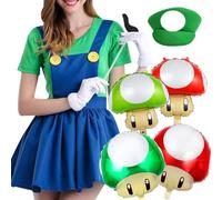 ZGCXRTO Brothers Cosplay Disfraces Mujeres,7 Pcs Disfraz De Bros Cosplay,Trajes Brothers Accesorios,Globos Setas,Mono De Fontanero Con Sombrero y Bigote,Para Juego Disfraz De Classic Carnaval